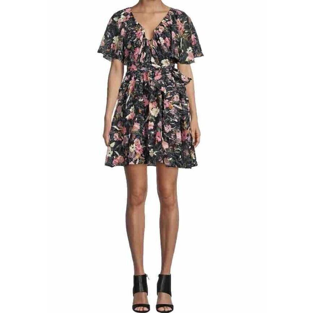 Tanya Taylor Women Mini Dress Size 12 Black Mara Floral Print V-Neck A-Line New